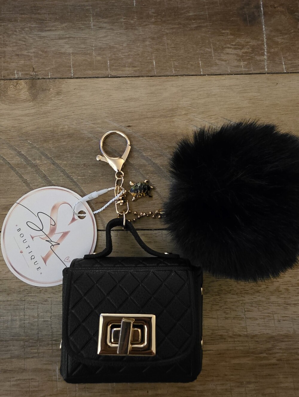 《SaBoutique》 Black Quilted Mini Bag Charm Keychain with Black Pom